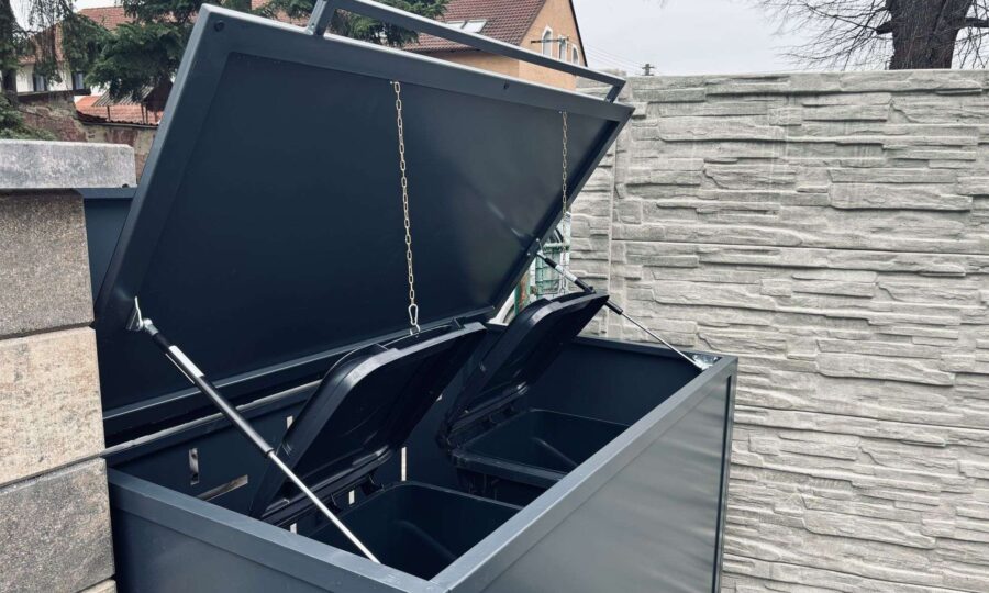 Celokovový box pro dvě popelnice 2x120L | s víkem | s dvířky | výškově nastavitelný | lakováno