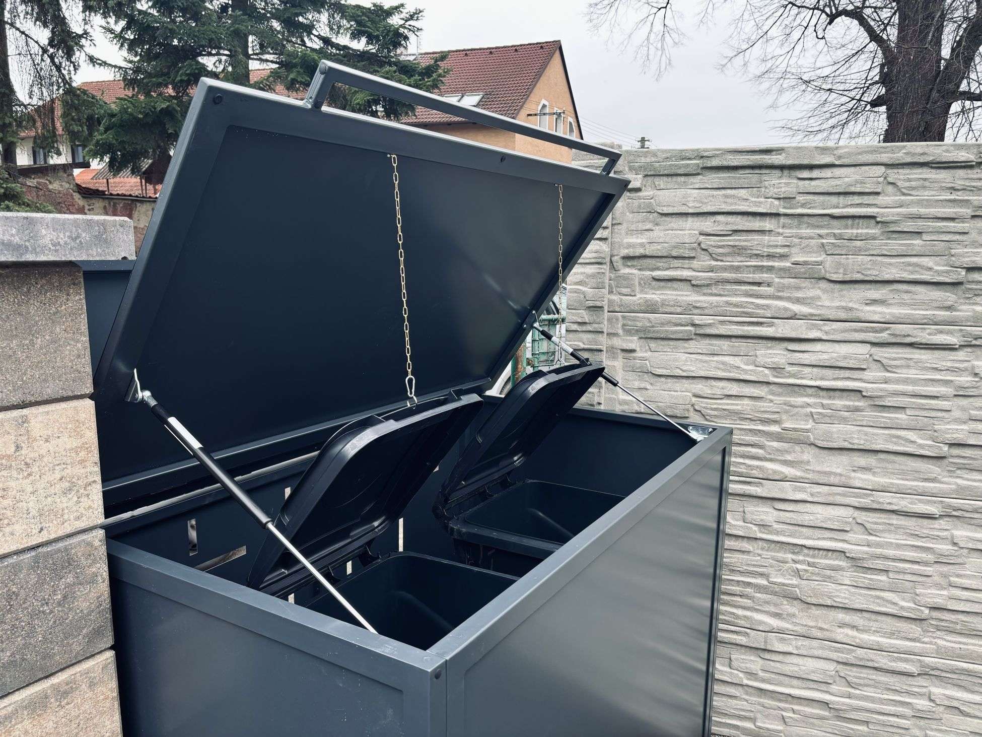 Celokovový box pro dvě popelnice 2x120L | s víkem | s dvířky | výškově nastavitelný | lakováno
