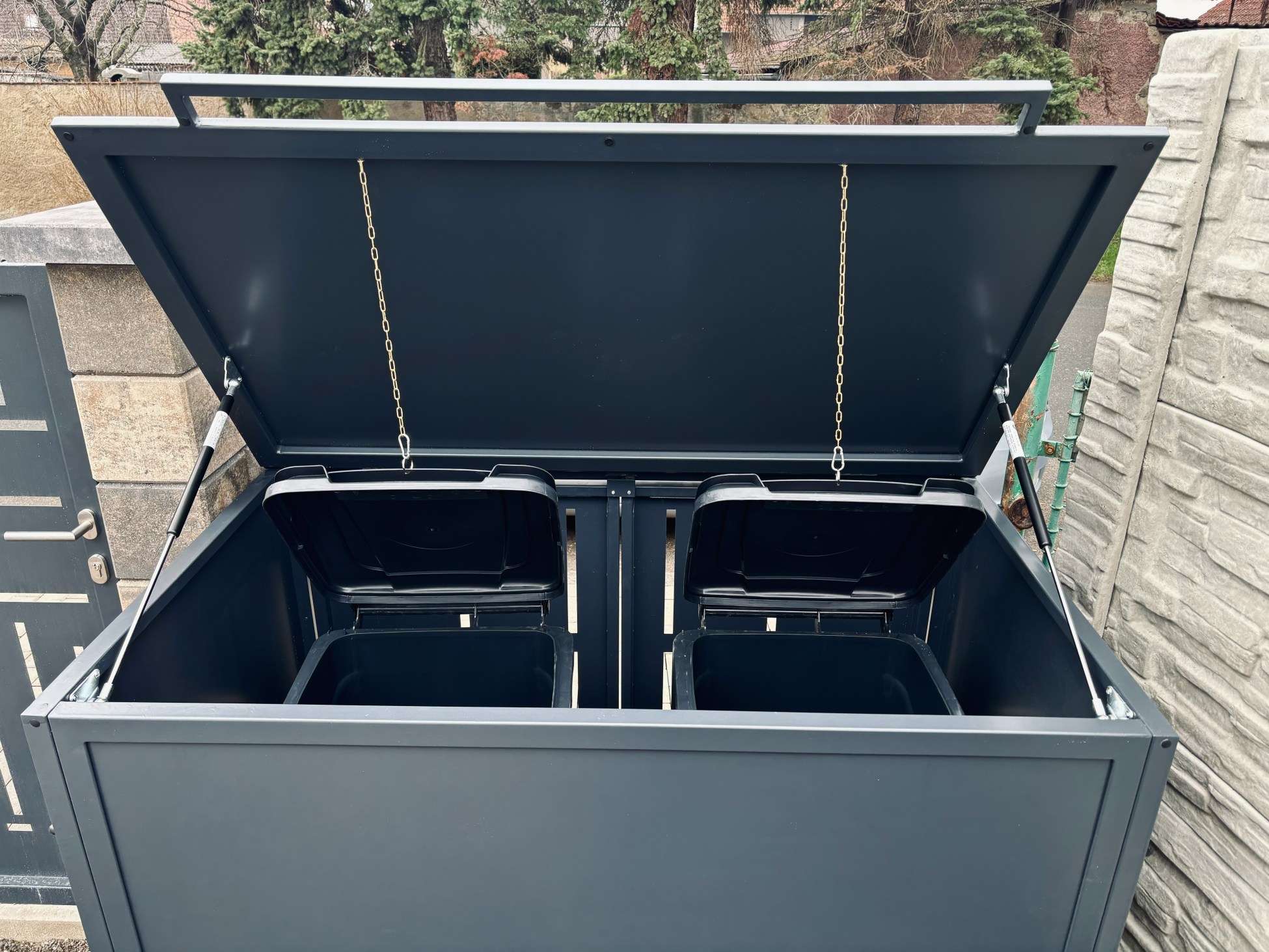 Celokovový box pro dvě popelnice 2x120L | s víkem | s dvířky | výškově nastavitelný | lakováno - Obrázek 4